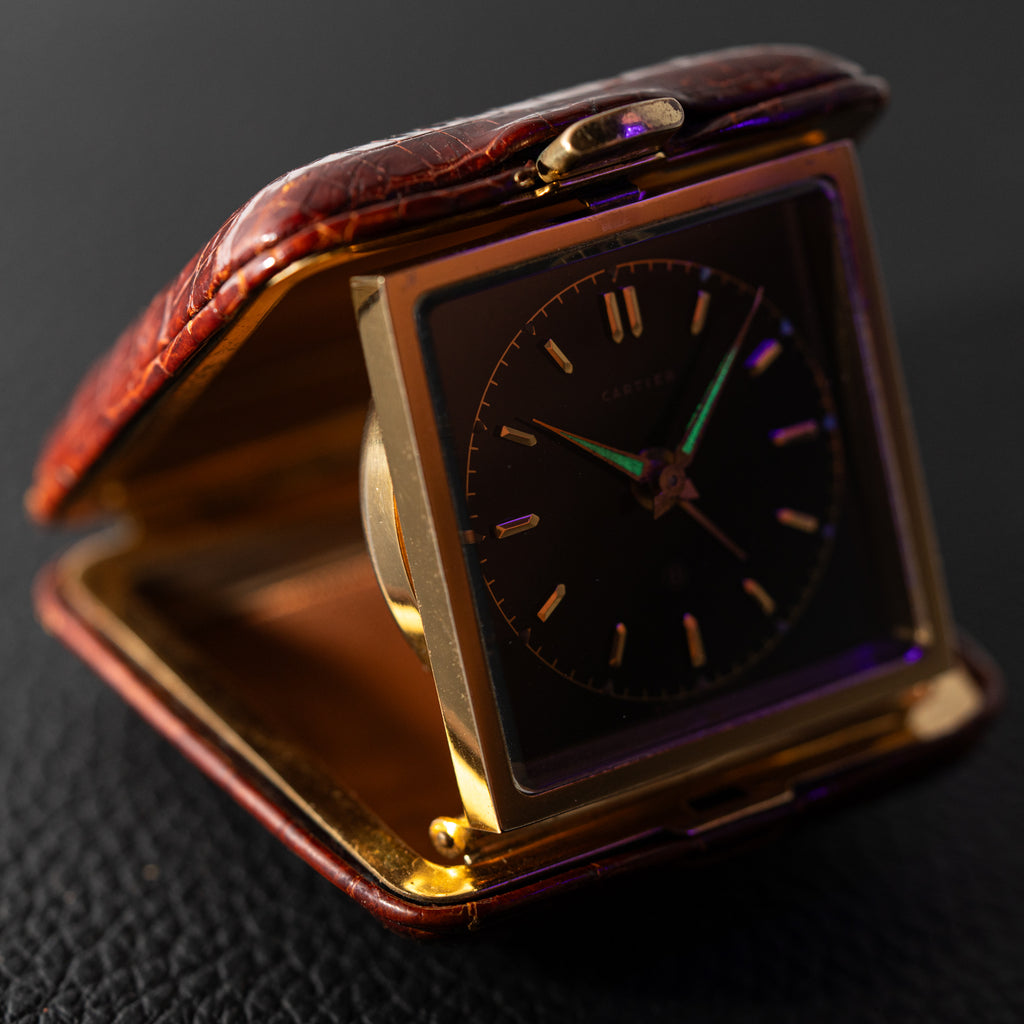 Cartier Travel Alarm Clock 8 Day Black Gilt Dial by Angelus