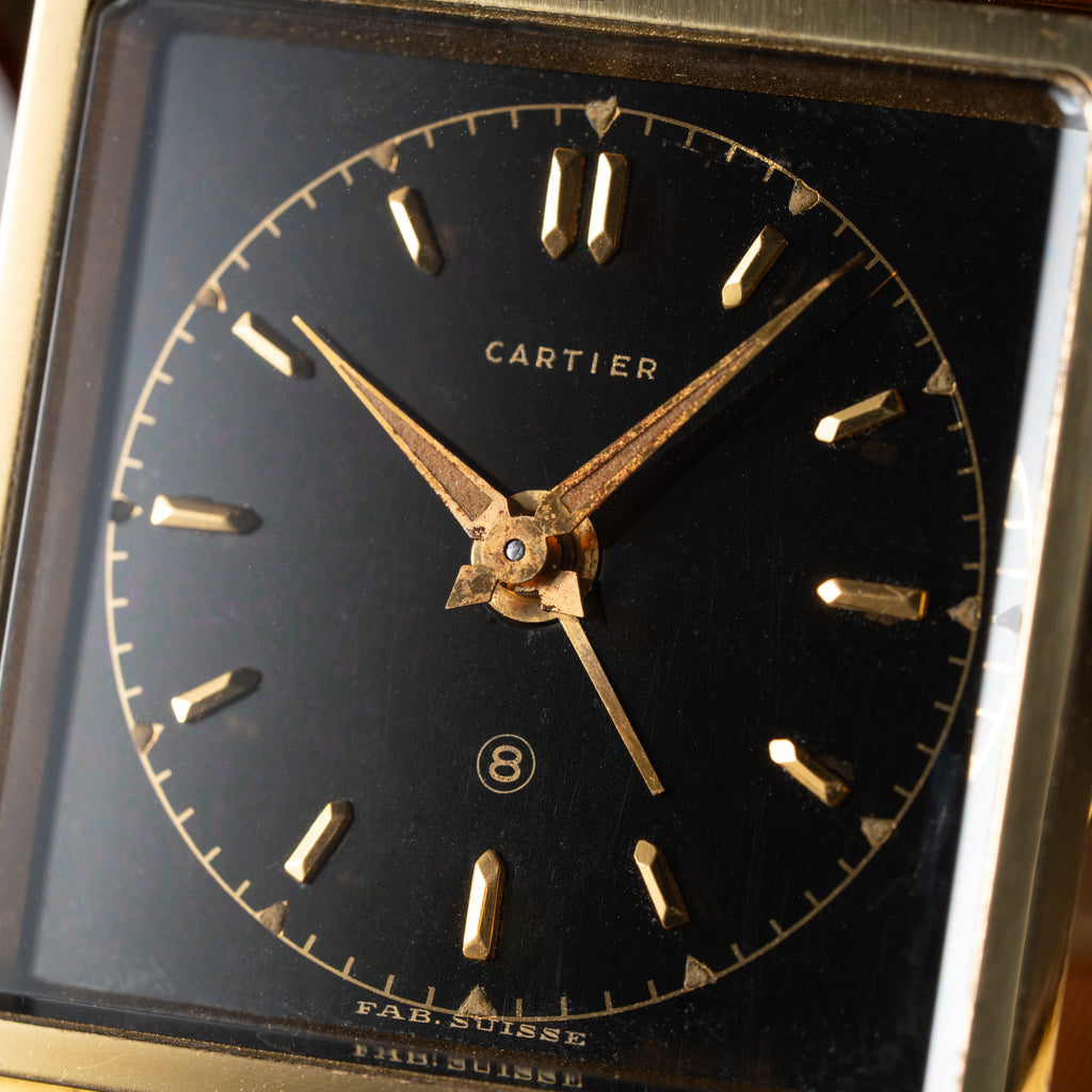 Cartier Travel Alarm Clock 8 Day Black Gilt Dial by Angelus