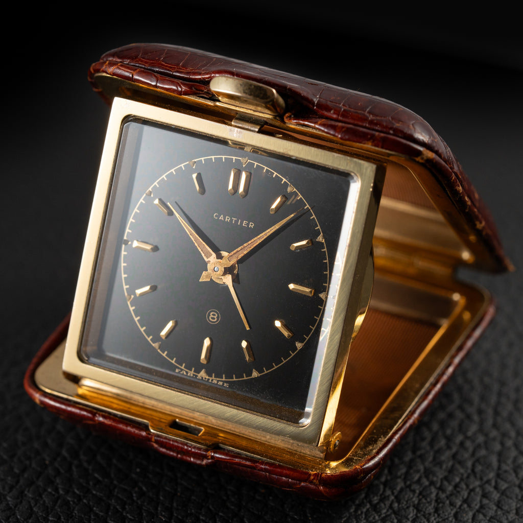 Cartier Travel Alarm Clock 8 Day Black Gilt Dial by Angelus