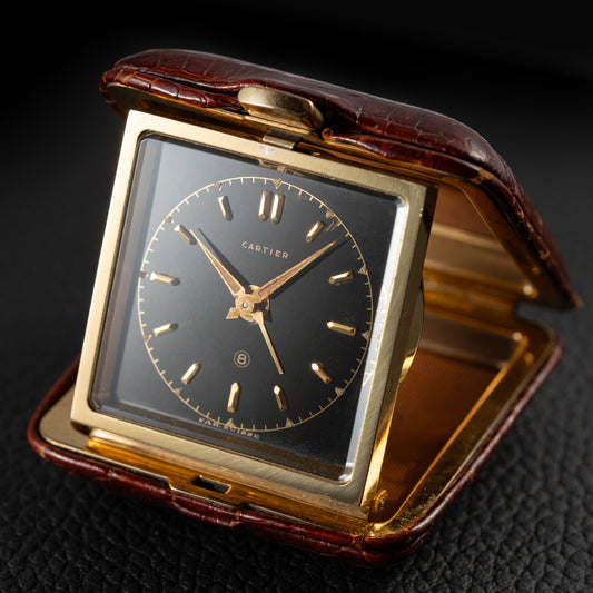 Cartier Travel Alarm Clock 8 Day Black Gilt Dial by Angelus
