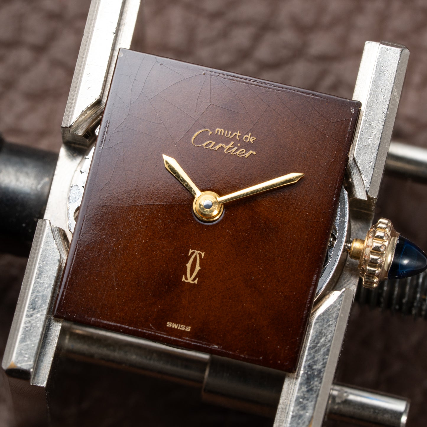 Cartier Tank Must de Vermeil ‘Turtle Shell’ Brown Wood Chocolate Dial PM 1980s