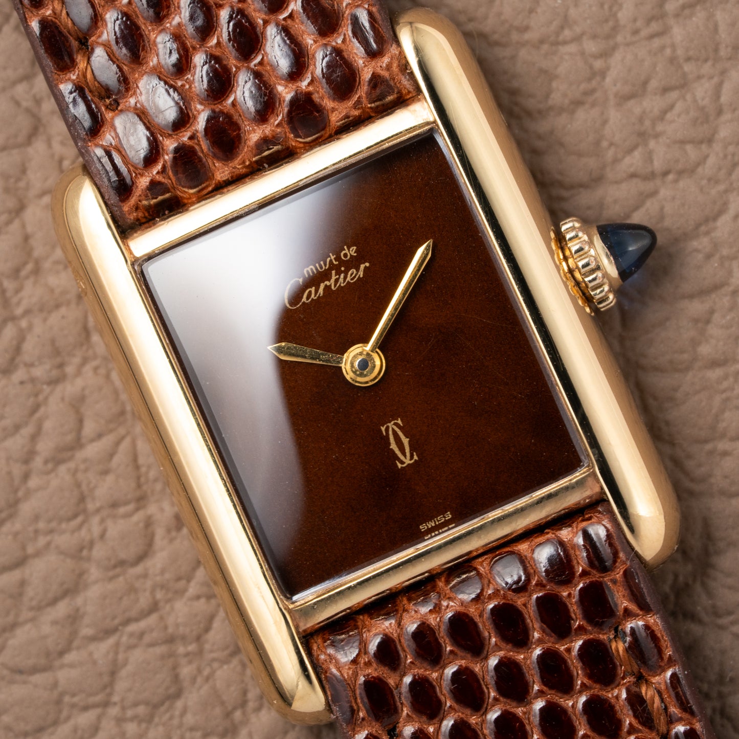 Cartier Tank Must de Vermeil ‘Turtle Shell’ Brown Wood Chocolate Dial PM 1980s
