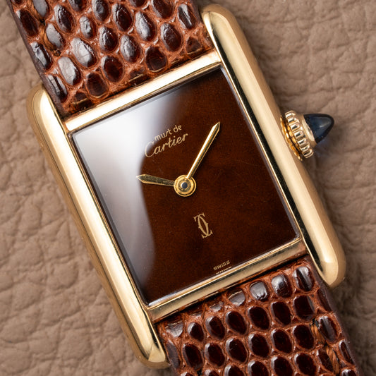Cartier Tank Must de Vermeil ‘Turtle Shell’ Brown Wood Chocolate Dial PM 1980s