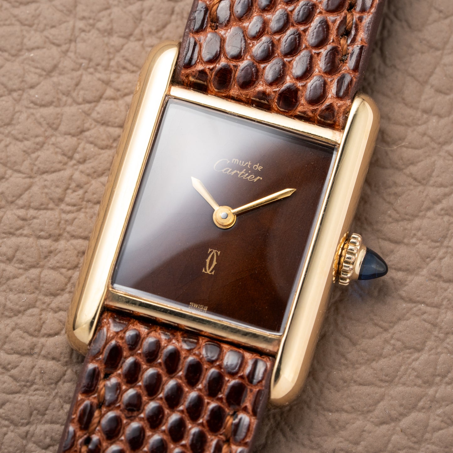 Cartier Tank Must de Vermeil ‘Turtle Shell’ Brown Wood Chocolate Dial PM 1980s