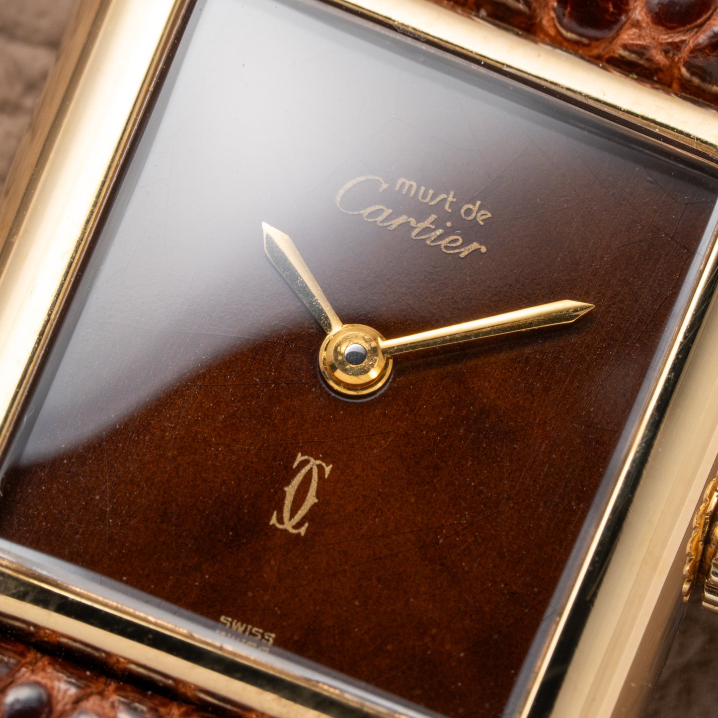 Cartier Tank Must de Vermeil ‘Turtle Shell’ Brown Wood Chocolate Dial PM 1980s