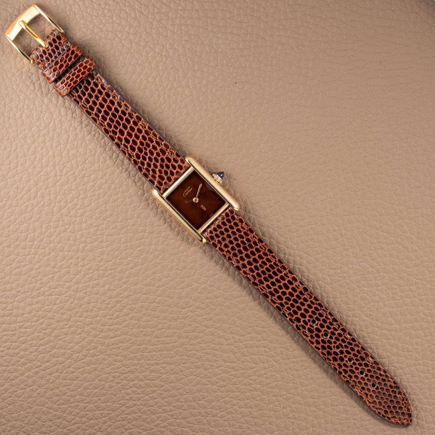 Cartier Tank Must de Vermeil ‘Turtle Shell’ Brown Wood Chocolate Dial PM 1980s