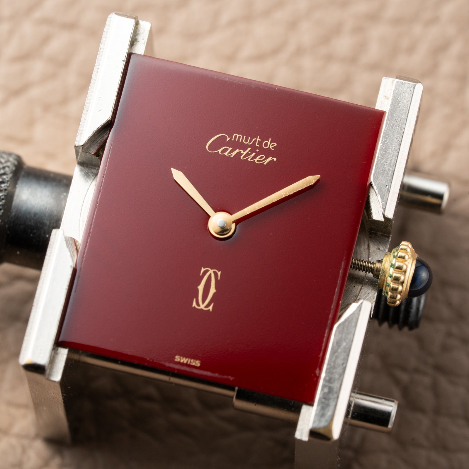 Cartier Tank Must de Red Burgundy Dial GM Vermeil Full Set from 1983