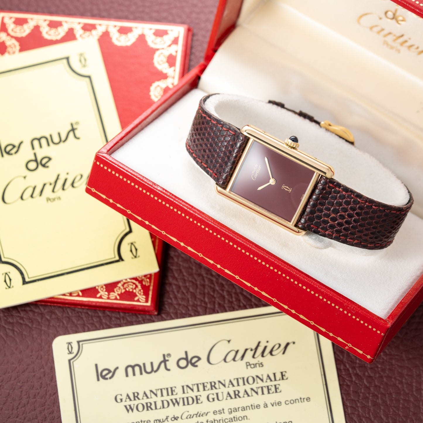 Cartier Tank Must de Red Burgundy Dial GM Vermeil Full Set from 1983