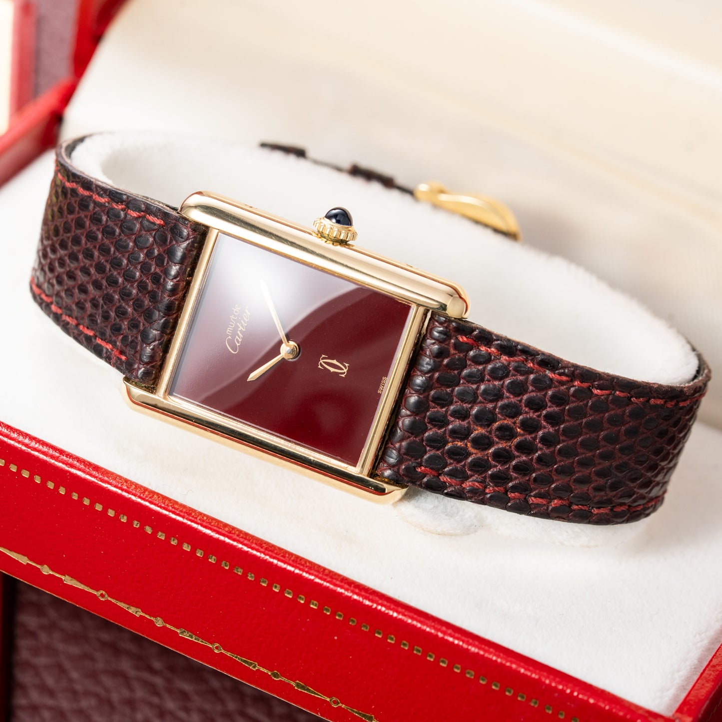 Cartier Tank Must de Red Burgundy Dial GM Vermeil Full Set from 1983