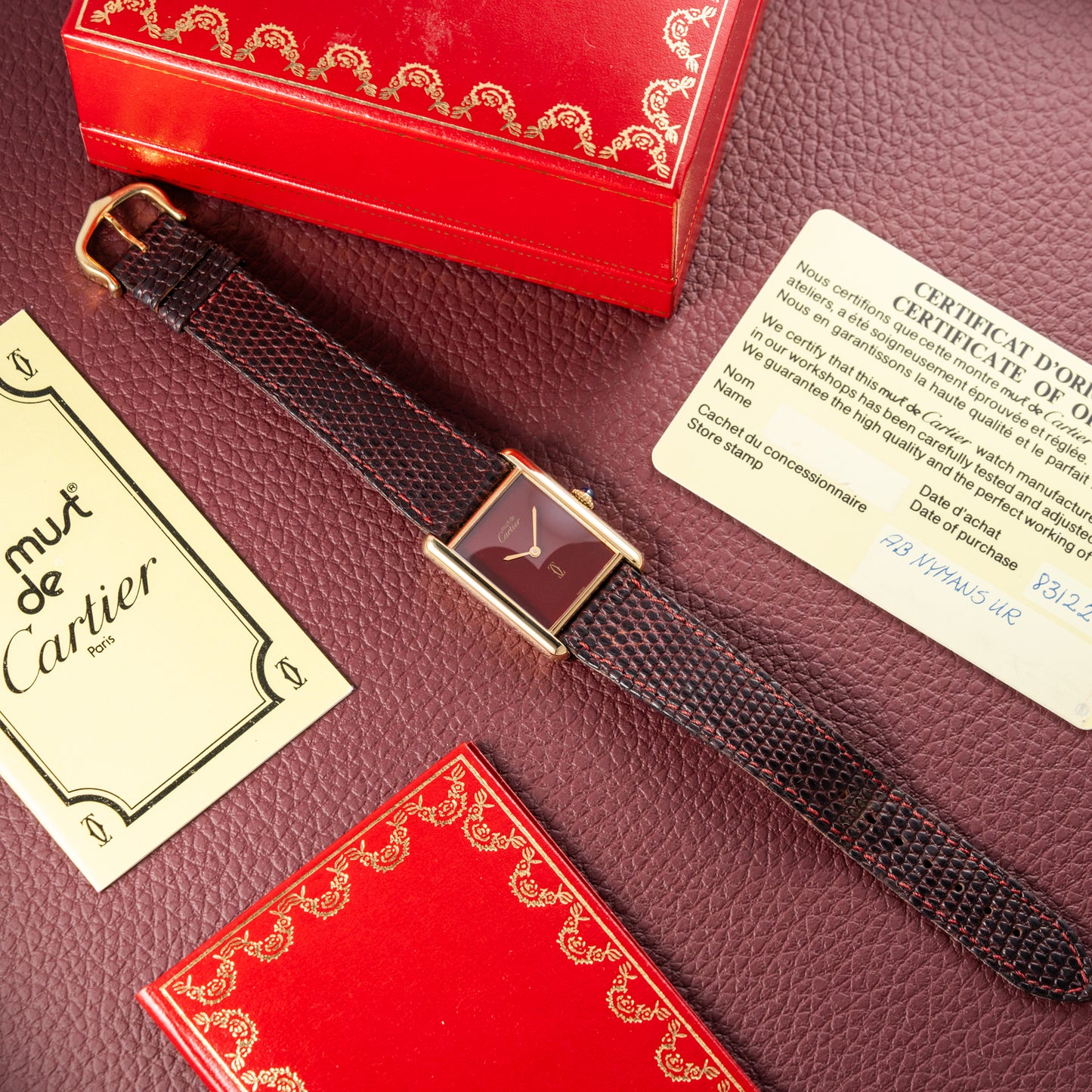 Cartier Tank Must de Red Burgundy Dial GM Vermeil Full Set from 1983