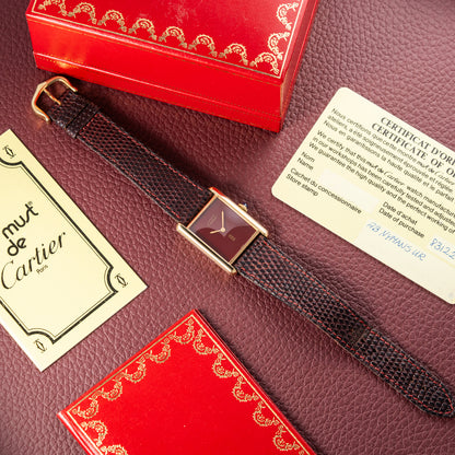 Cartier Tank Must de Red Burgundy Dial GM Vermeil Full Set from 1983