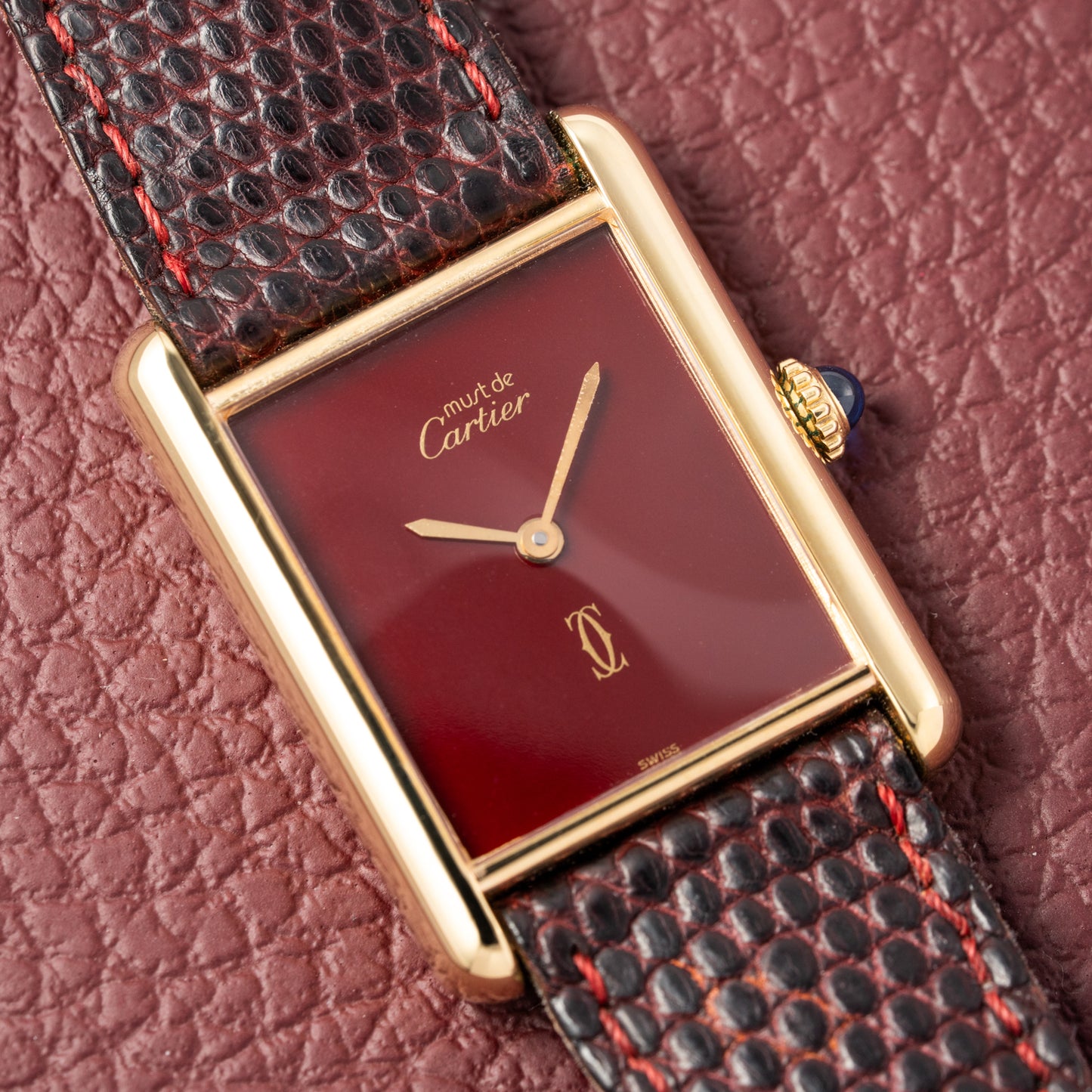 Cartier Tank Must de Red Burgundy Dial GM Vermeil Full Set from 1983