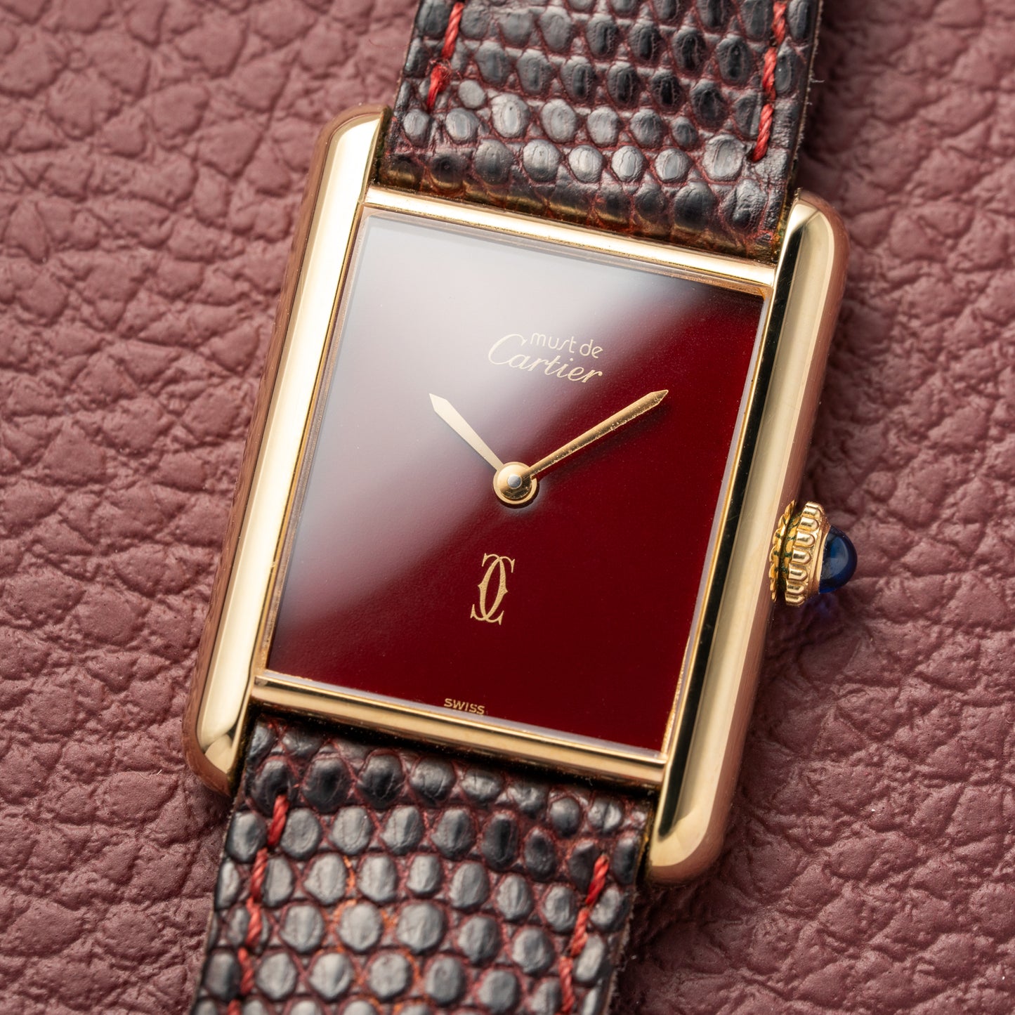 Cartier Tank Must de Red Burgundy Dial GM Vermeil Full Set from 1983
