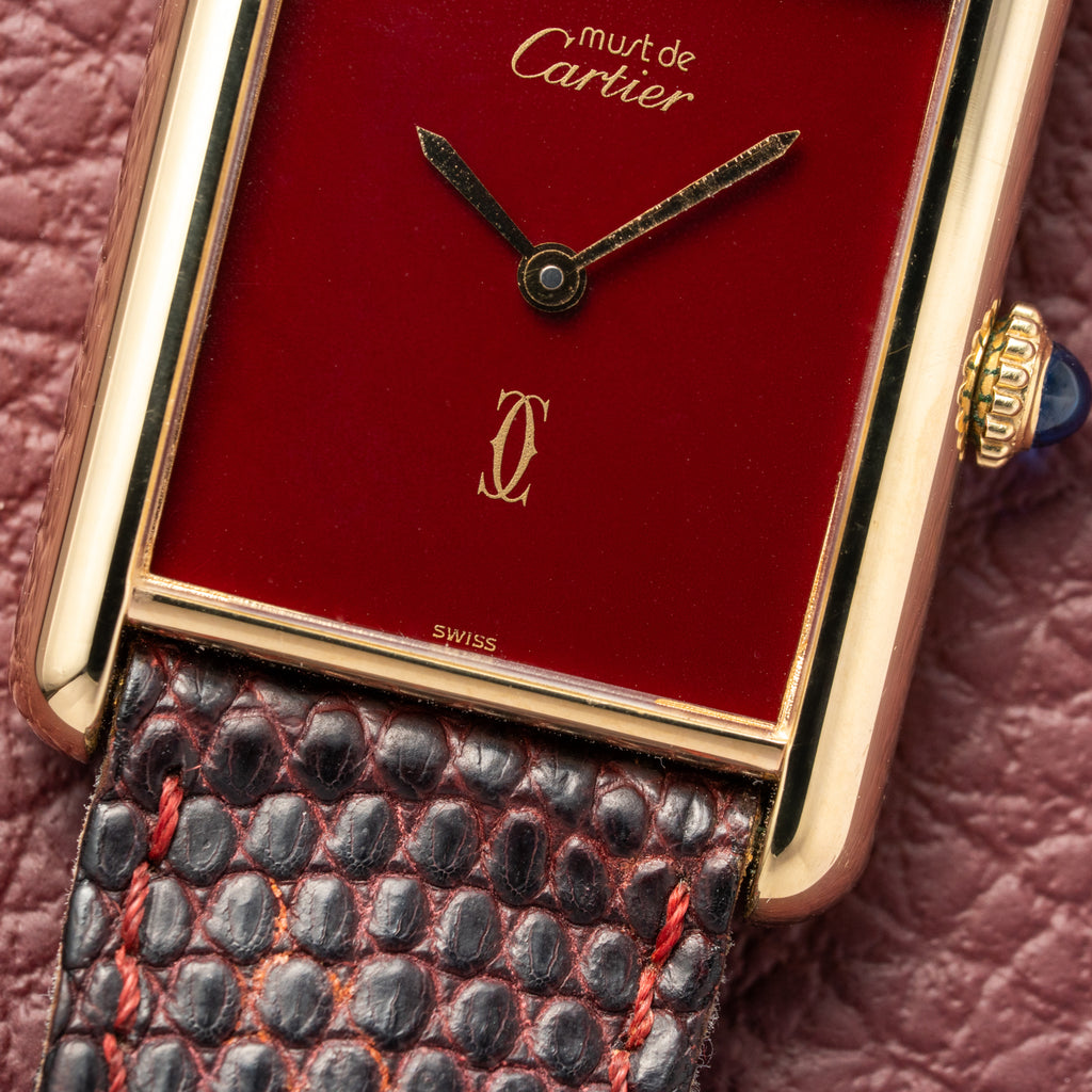 Cartier Tank Must de Red Burgundy Dial GM Vermeil Full Set from 1983
