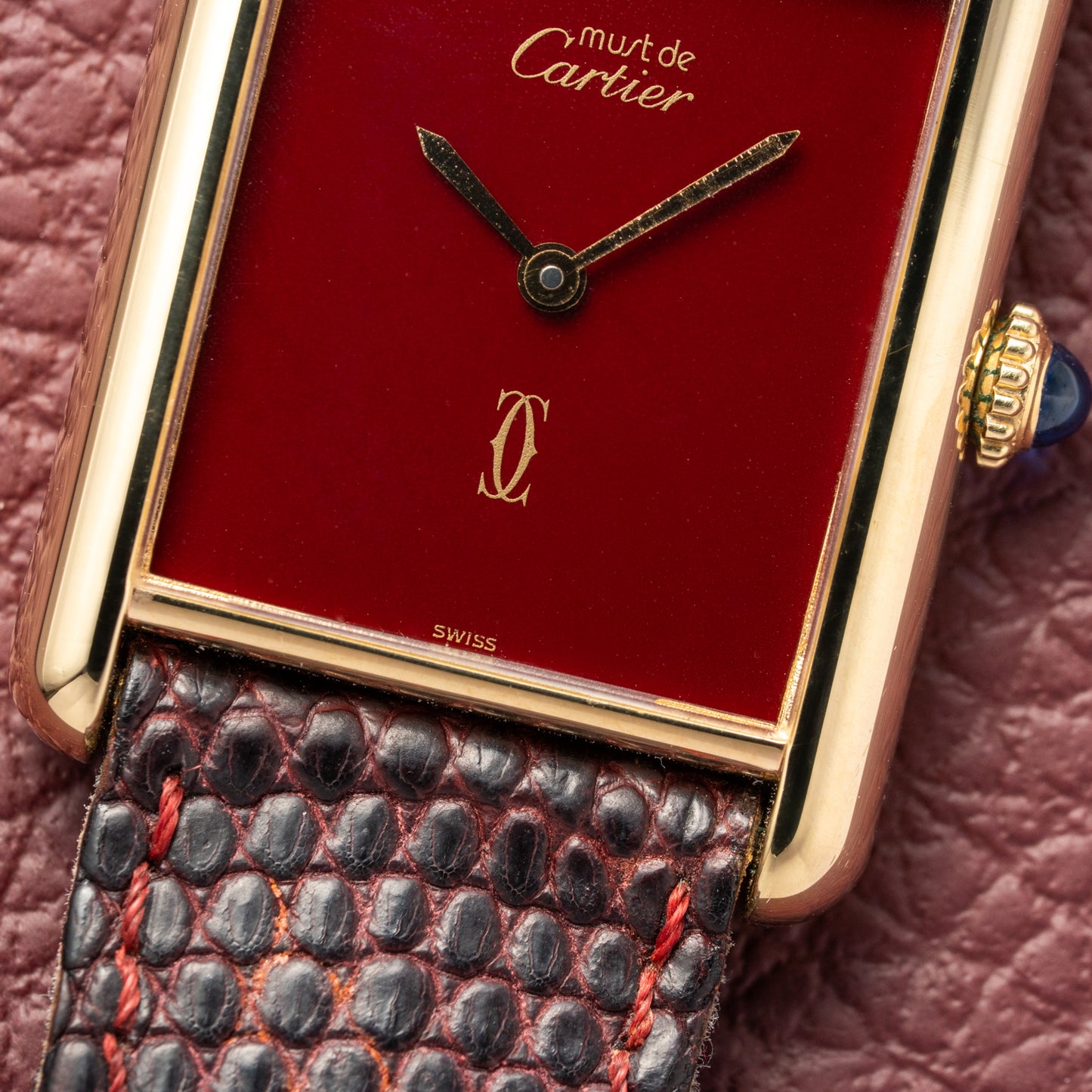 Cartier Tank Must de Red Burgundy Dial GM Vermeil Full Set from 1983