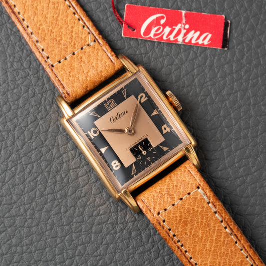 Certina NOS Square Two Tone Black & Salmon Dial 1940/50s