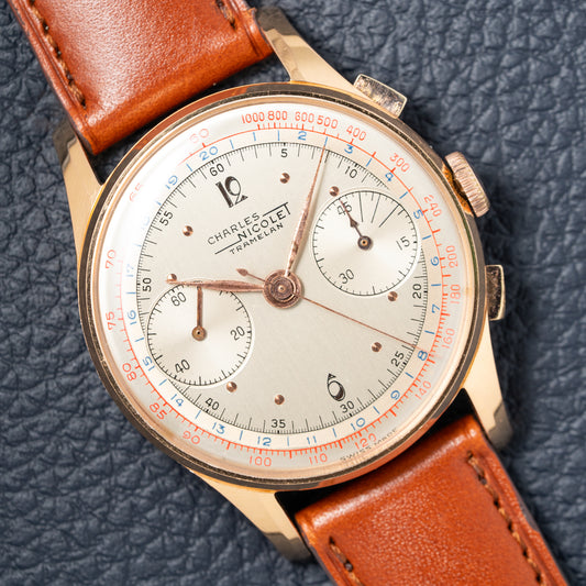 Charles Nicolet Tramelan Chronograph 18k Rare Oversized Column-Wheel Landeron 39 from the 1940s