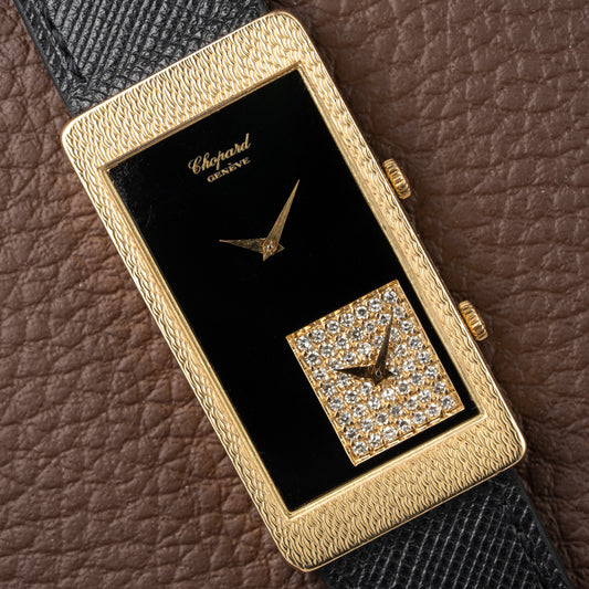 Chopard Dual Time 'Onyx & Diamonds' XL Tank 18K Gold Oversized 1970s