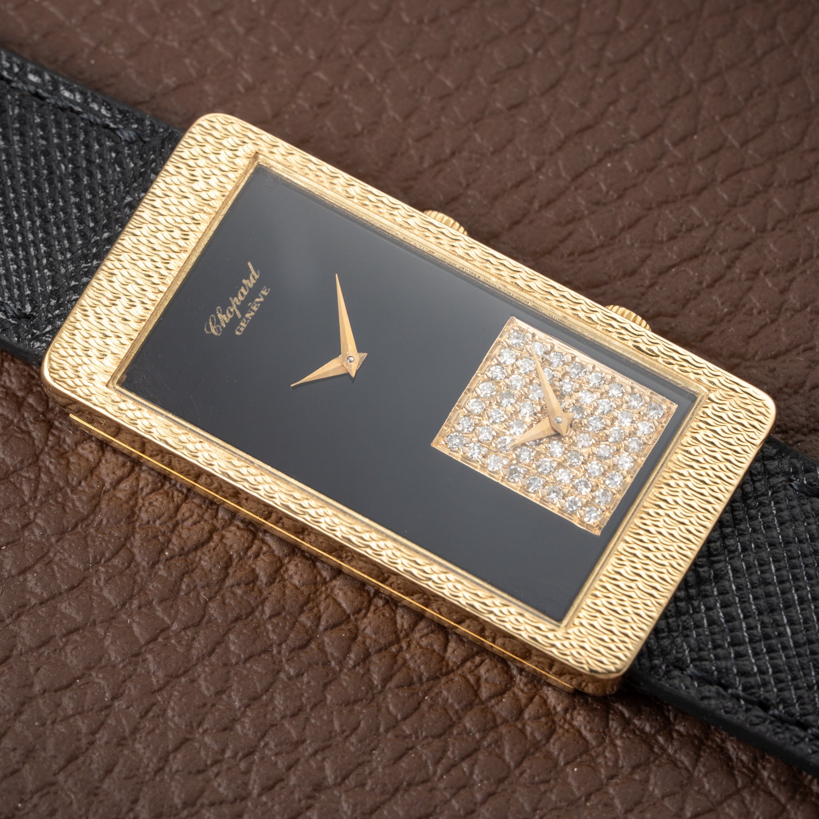 Chopard Dual Time 'Onyx & Diamonds' XL Tank 18K Gold Oversized 1970s