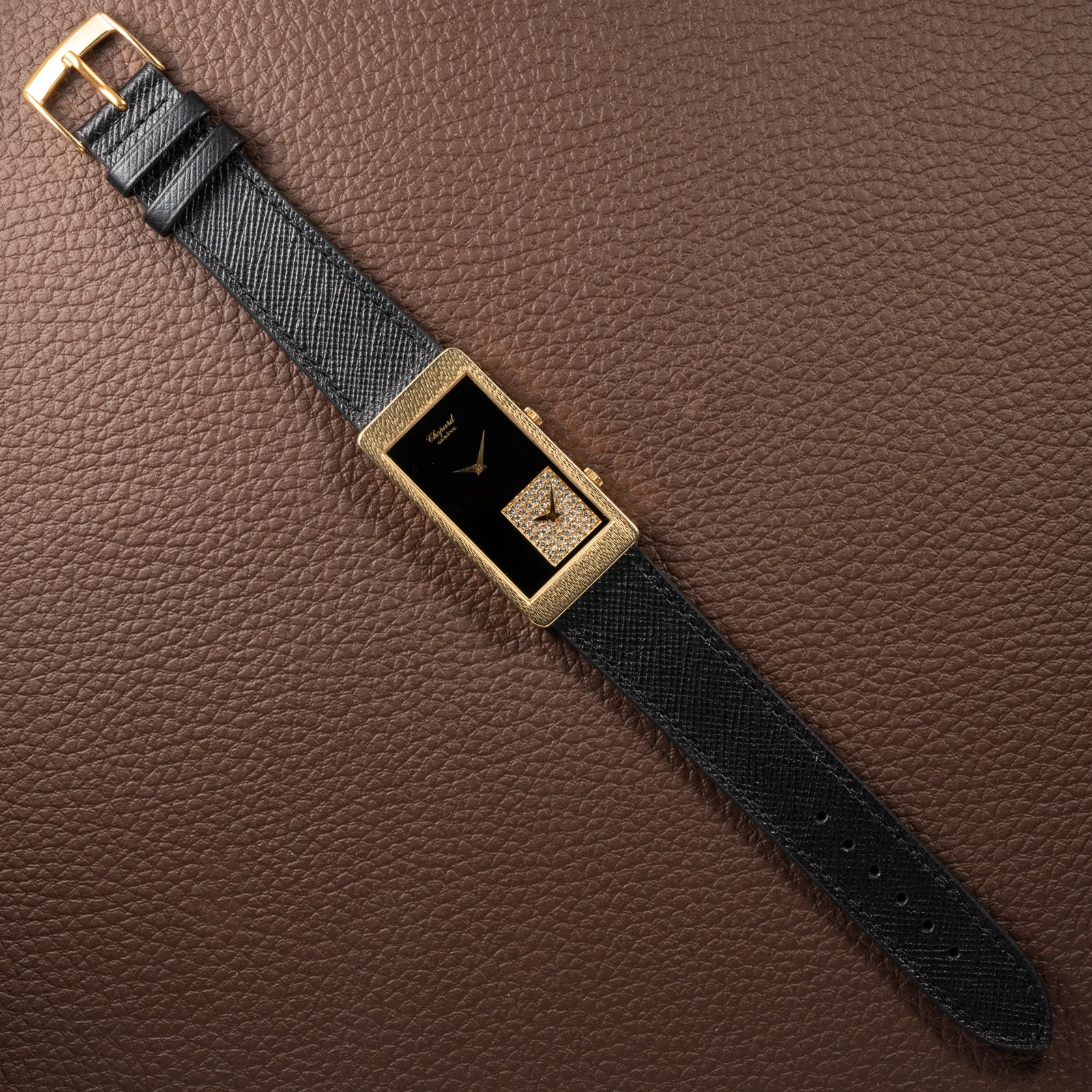 Chopard Dual Time 'Onyx & Diamonds' XL Tank 18K Gold Oversized 1970s