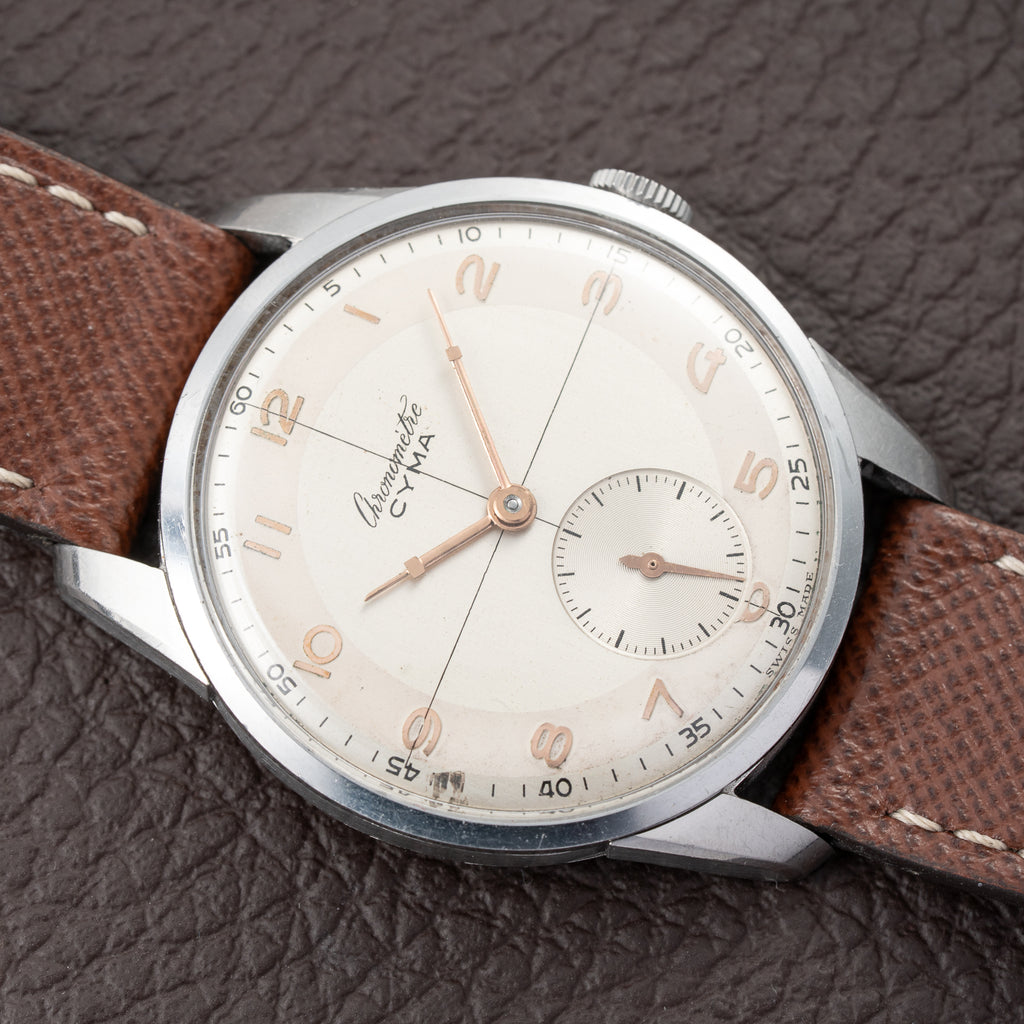 Cyma Chronometré Two Tone Crosshiar Dial Stainless Steel Calibre 216 Ref. 23315 from 1940s