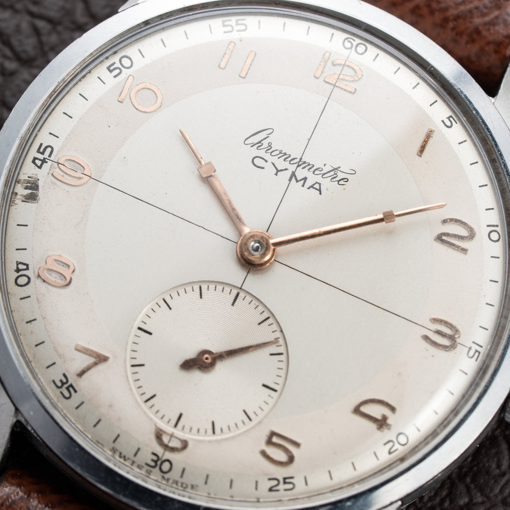 Cyma Chronometré Two Tone Crosshiar Dial Stainless Steel Calibre 216 Ref. 23315 from 1940s
