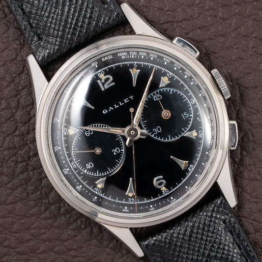 Gallet Chronograph Black Gilt Dial Excelsior Park 40 from 1950s