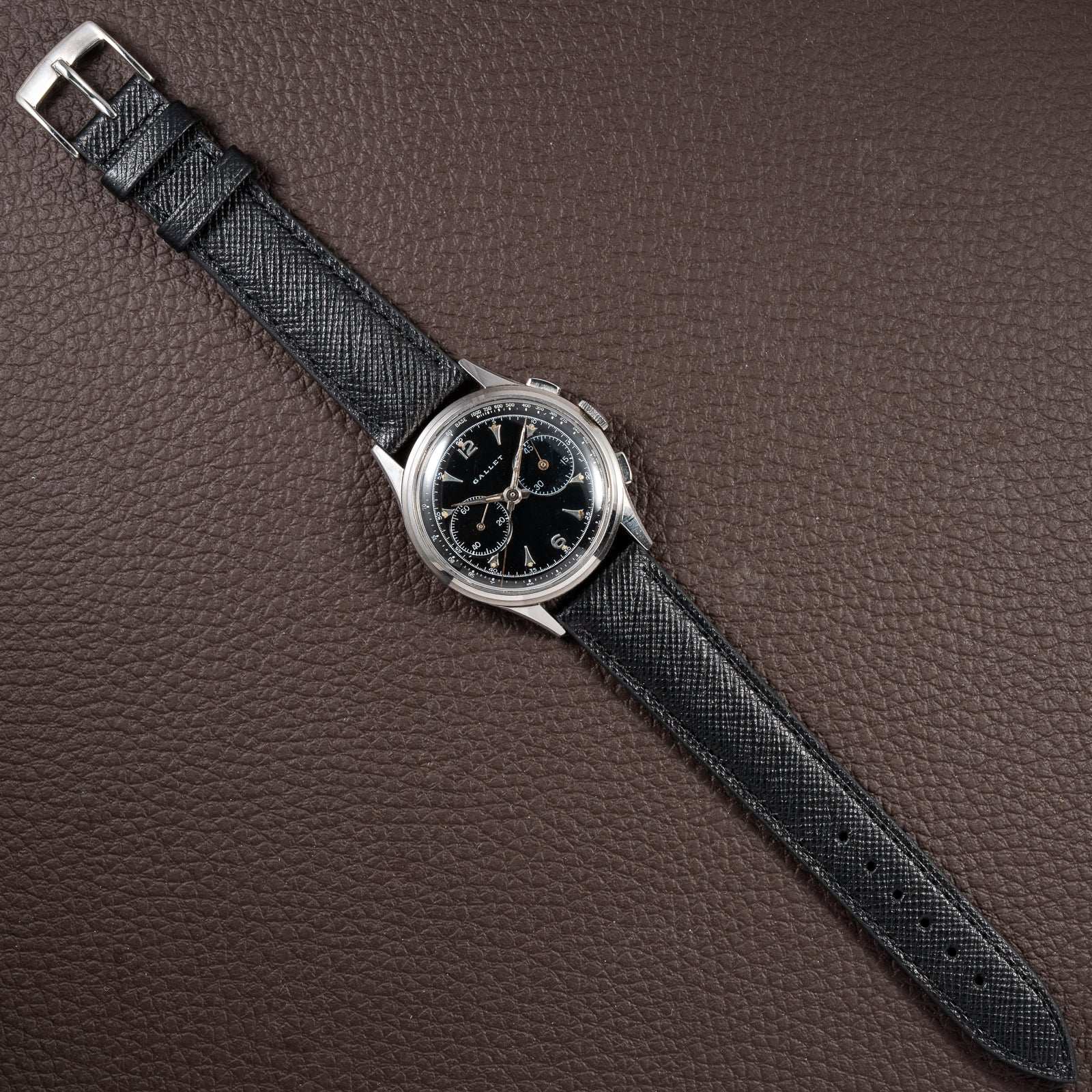 Gallet Chronograph Black Gilt Dial Excelsior Park 40 from 1950s