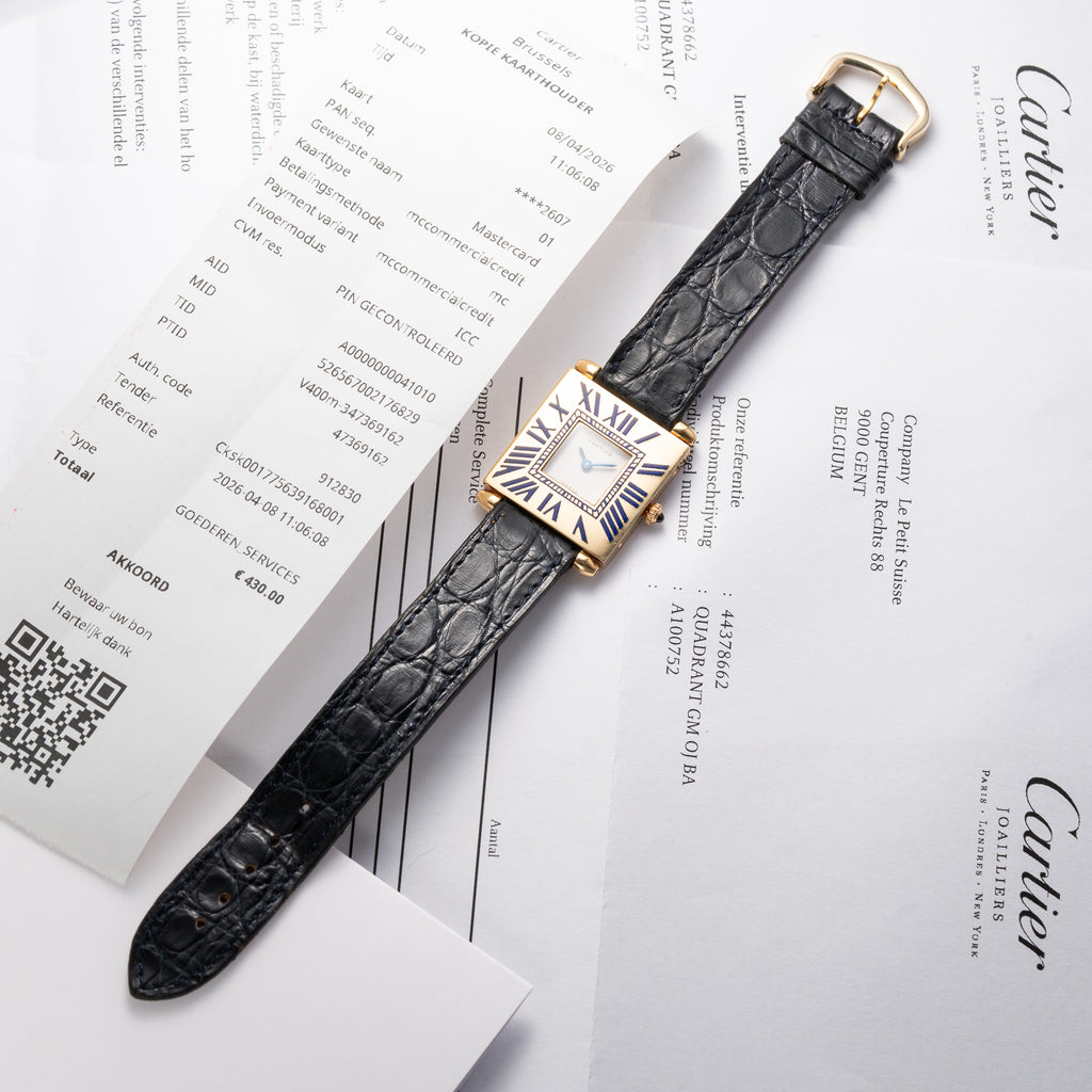 Cartier Obus 'Paris' Quadrant Blue Enamel Large Model 18k Yellow Gold GM Ref. A100 circa 1984