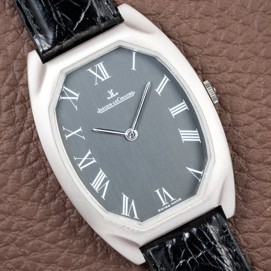 Jaeger-LeCoultre Tank Tonneau Jumbo Grey Roman Dial Ref. 9114.42 from 1970s