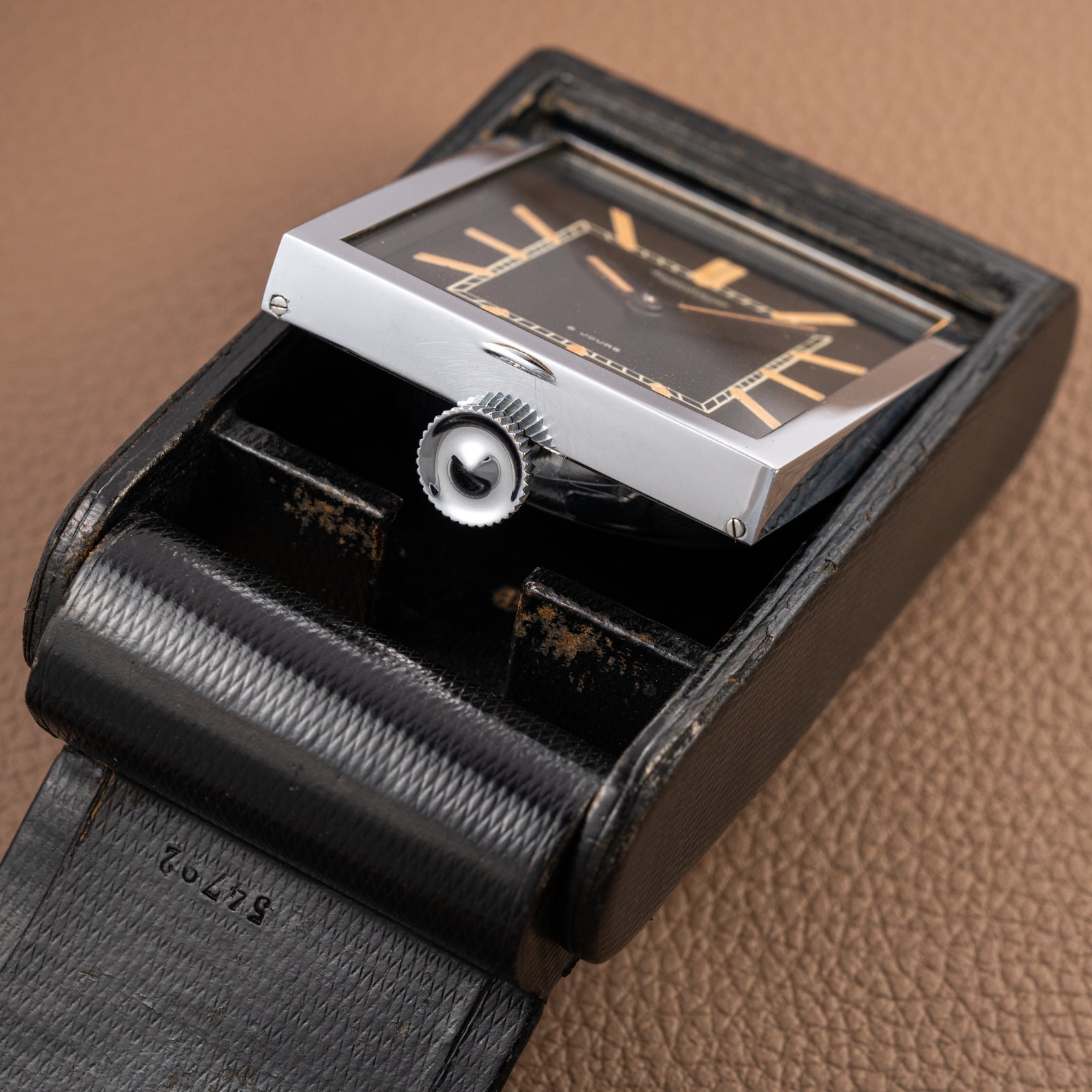 Jaeger LeCoultre Fabriqué en Suisse 8 Jours Travel Clock Black Dial 1940s
