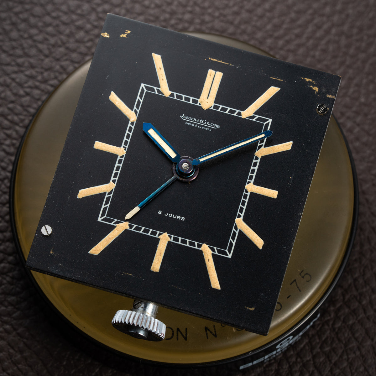 Jaeger-LeCoultre Weather Station 8 Jours Travel Alarm Clock Black Dials Alligator Leather From 1940s