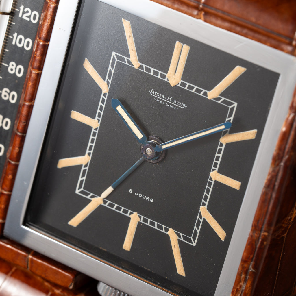 Jaeger-LeCoultre Weather Station 8 Jours Travel Alarm Clock Black Dials Alligator Leather From 1940s