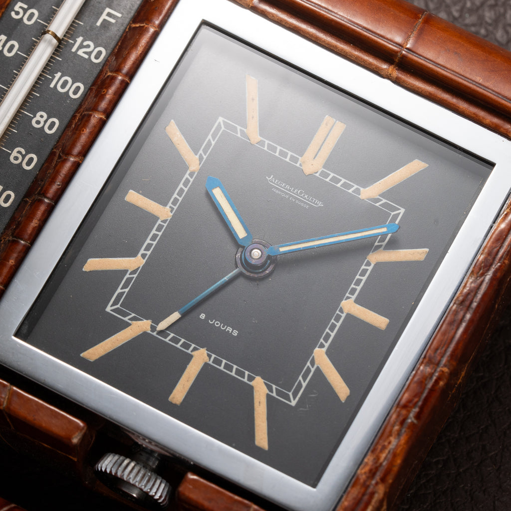 Jaeger-LeCoultre Weather Station 8 Jours Travel Alarm Clock Black Dials Alligator Leather From 1940s