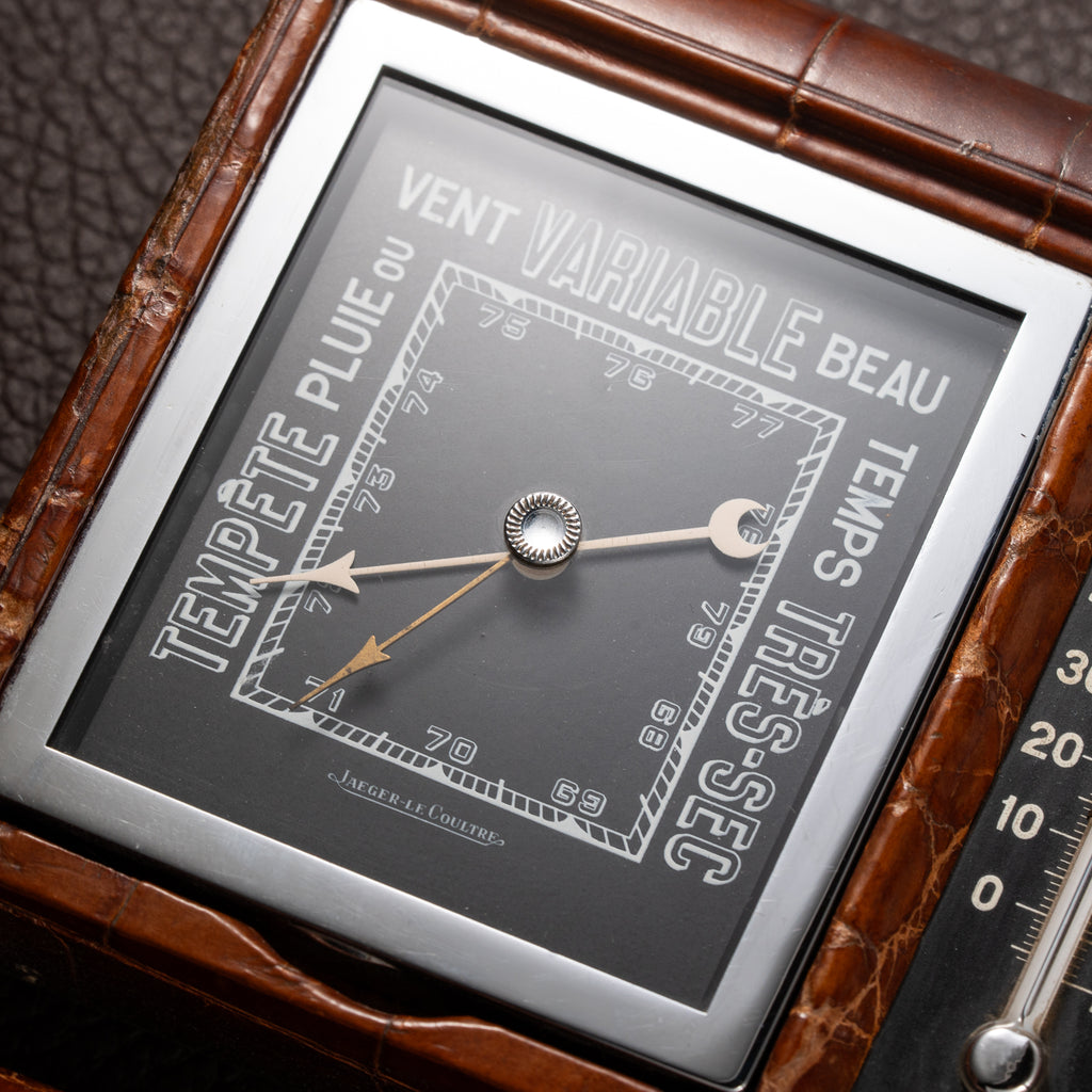 Jaeger-LeCoultre Weather Station 8 Jours Travel Alarm Clock Black Dials Alligator Leather From 1940s