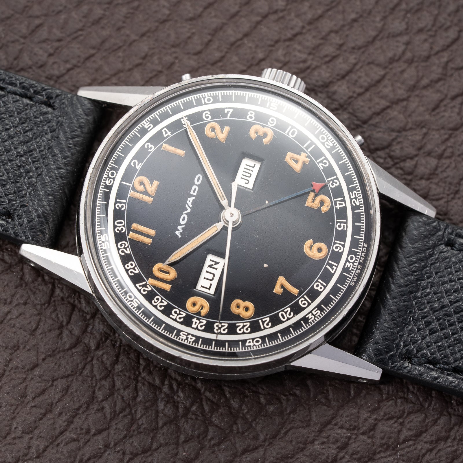 Movado Calendograf Triple Calendar Black Gilt Two Tone Thick Radium Dial Ref. 14816 Circa 1940s