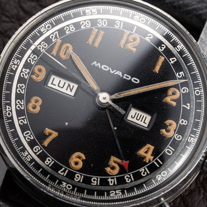Movado Calendograf Triple Calendar Black Gilt Two Tone Thick Radium Dial Ref. 14816 Circa 1940s