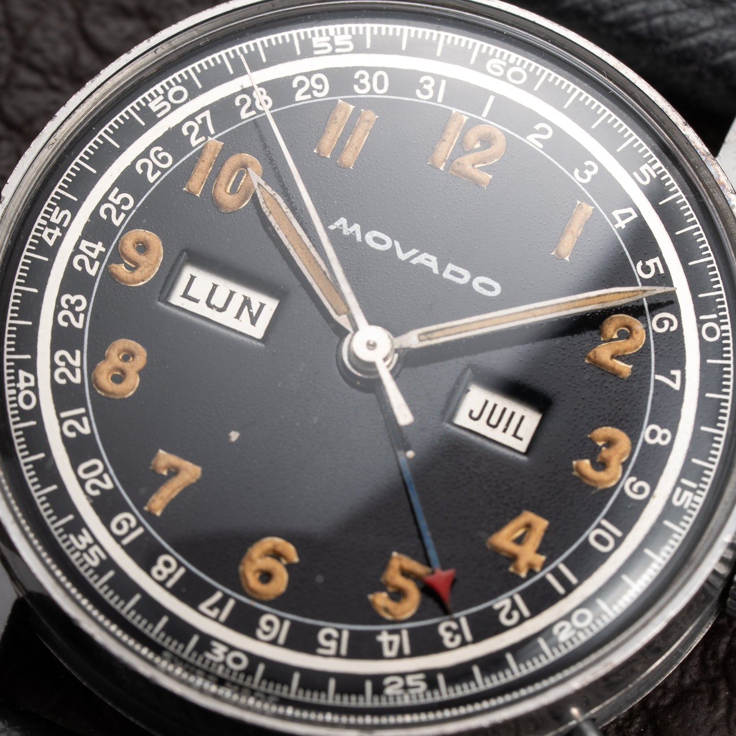 Movado Calendograf Triple Calendar Black Gilt Two Tone Thick Radium Dial Ref. 14816 Circa 1940s