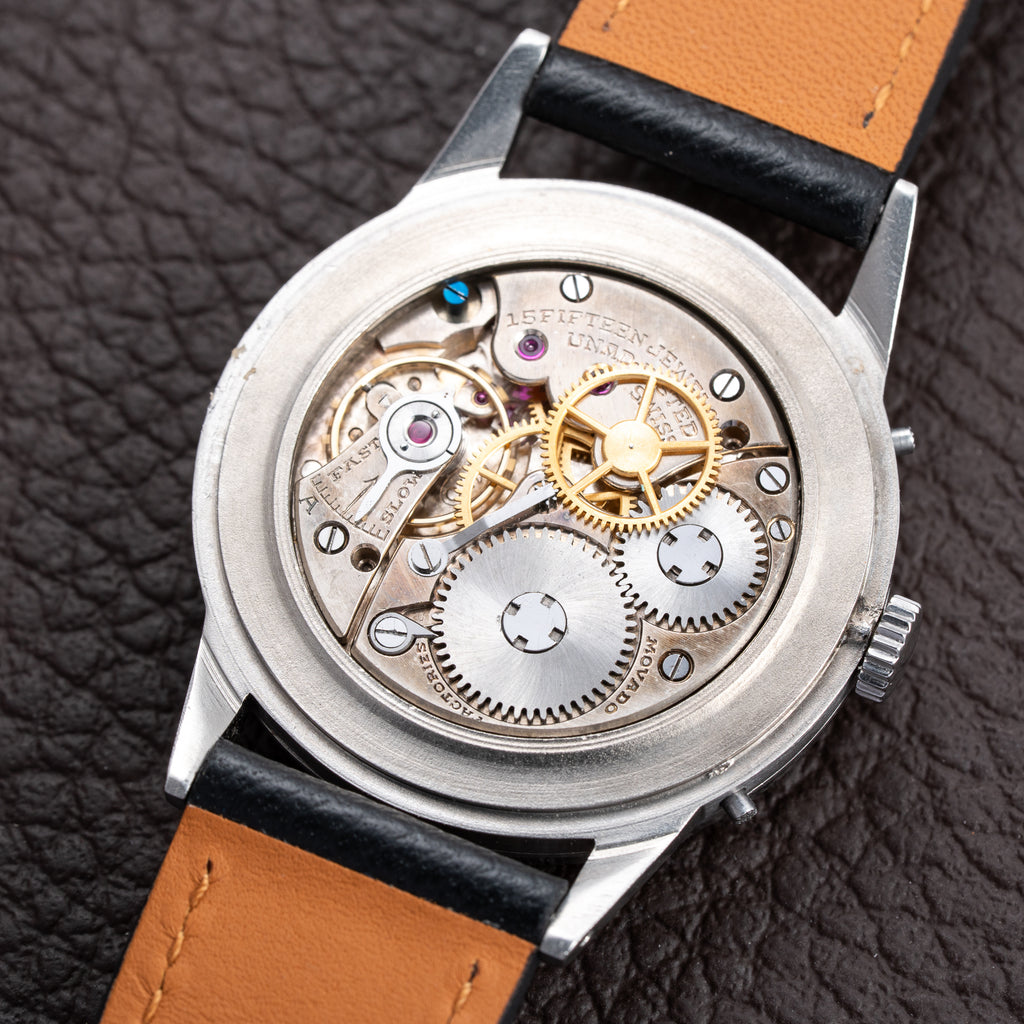 Movado Calendograf Triple Calendar Black Gilt Two Tone Thick Radium Dial Ref. 14816 Circa 1940s