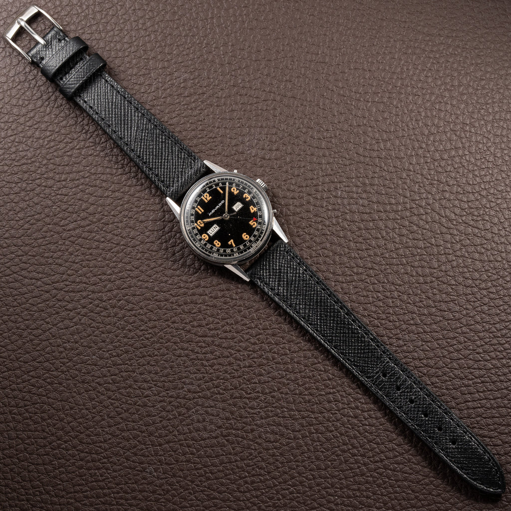 Movado Calendograf Triple Calendar Black Gilt Two Tone Thick Radium Dial Ref. 14816 Circa 1940s