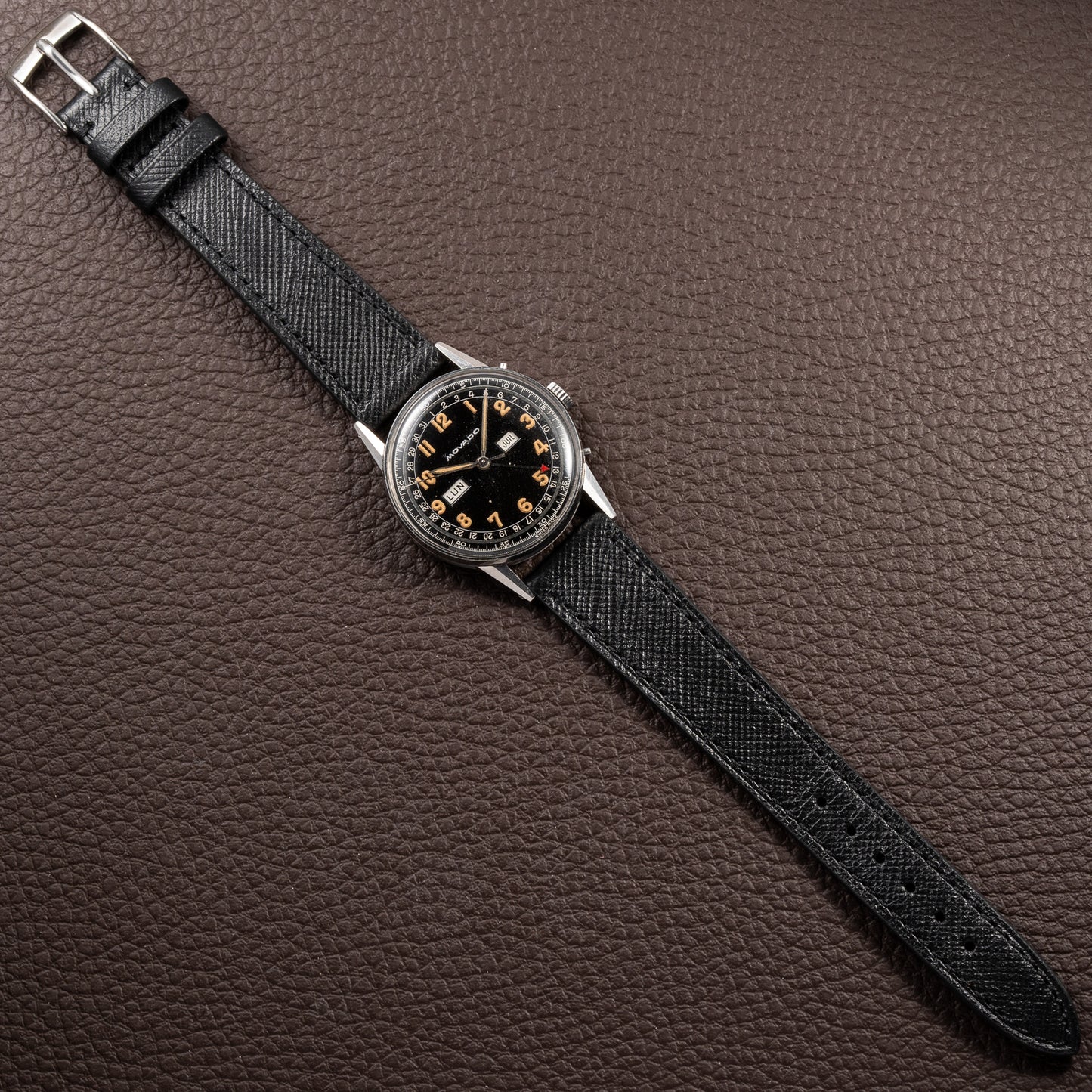 Movado Calendograf Triple Calendar Black Gilt Two Tone Thick Radium Dial Ref. 14816 Circa 1940s
