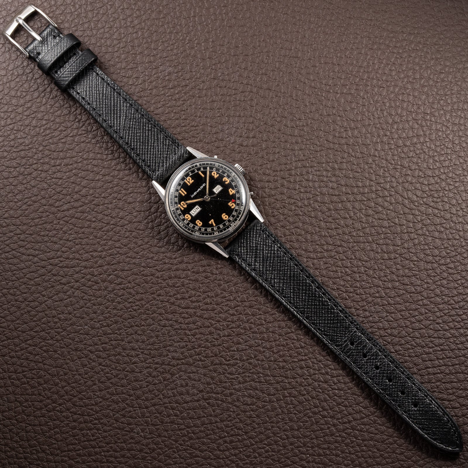 Movado Calendograf Triple Calendar Black Gilt Two Tone Thick Radium Dial Ref. 14816 Circa 1940s