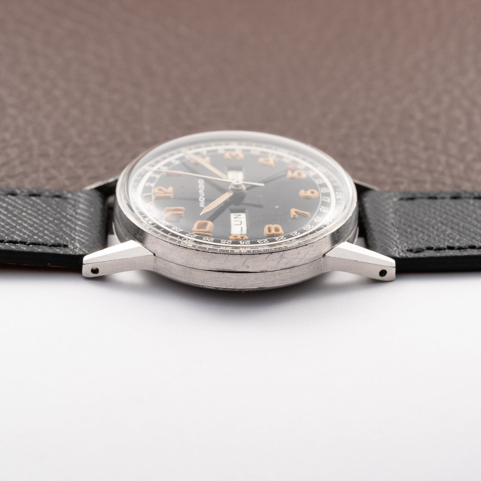 Movado Calendograf Triple Calendar Black Gilt Two Tone Thick Radium Dial Ref. 14816 Circa 1940s