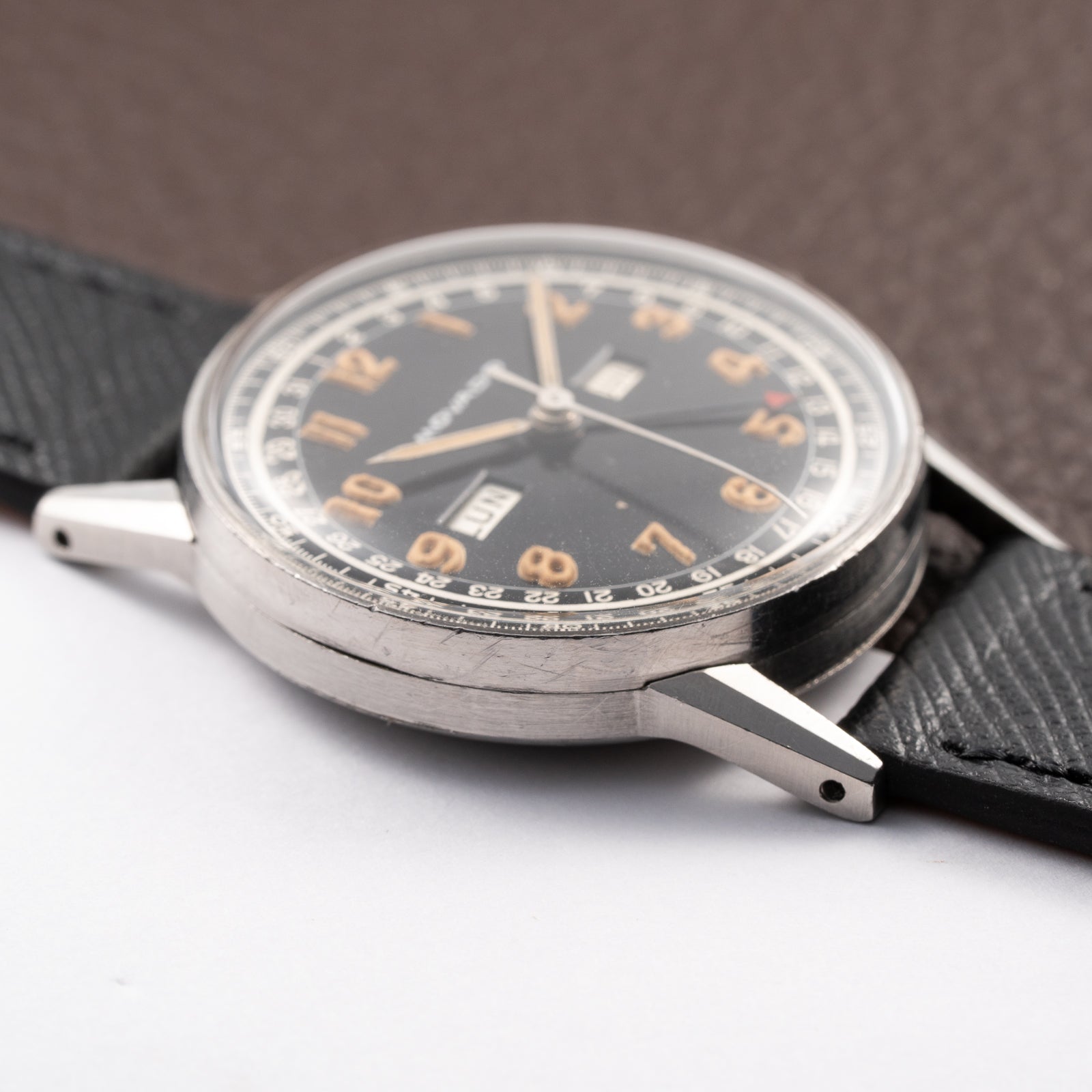 Movado Calendograf Triple Calendar Black Gilt Two Tone Thick Radium Dial Ref. 14816 Circa 1940s