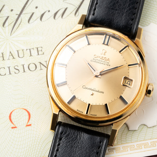 Omega Constellation Automatic DeLuxe Pie Pan Onyx Dial Dog-Leg Case Ref 168.005 from 1962 MUSEUM QUALITY