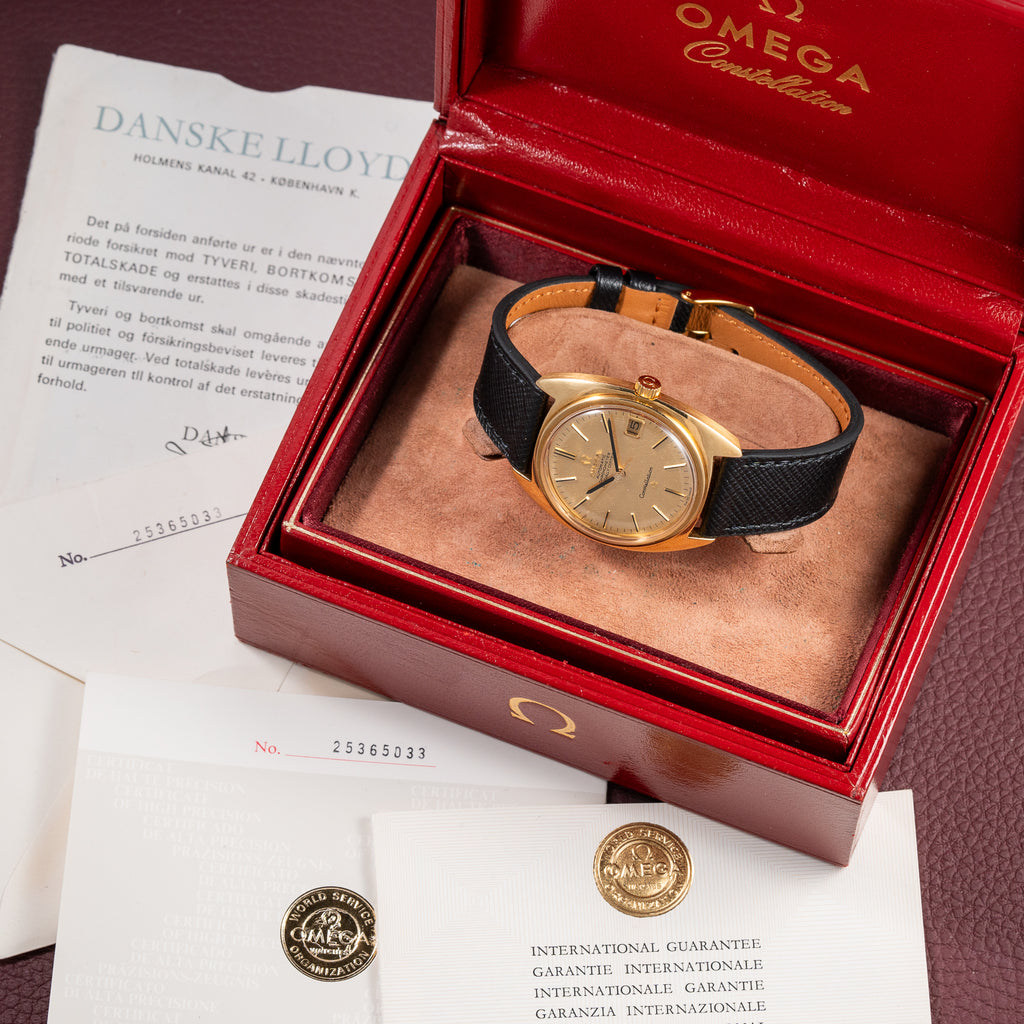 Omega Constellation C-Shape Automatic 18K Yellow Gold “OM Linen Dial” Box & Paperwork Ref. 168.017 from 1967