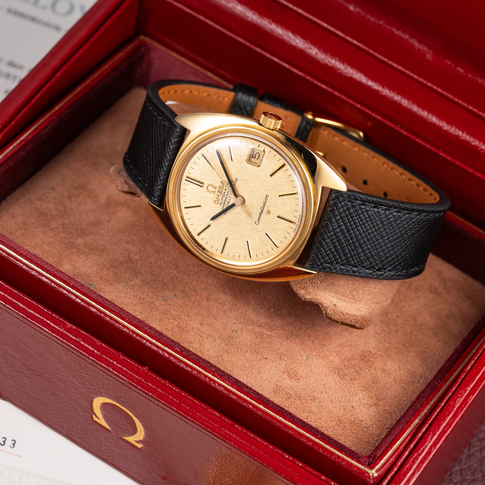 Omega Constellation C-Shape Automatic 18K Yellow Gold “OM Linen Dial” Box & Paperwork Ref. 168.017 from 1967
