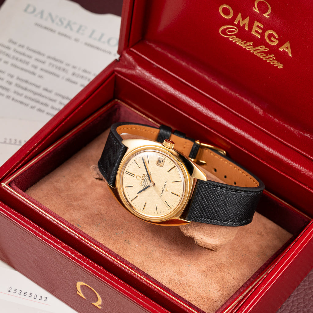 Omega Constellation C-Shape Automatic 18K Yellow Gold “OM Linen Dial” Box & Paperwork Ref. 168.017 from 1967