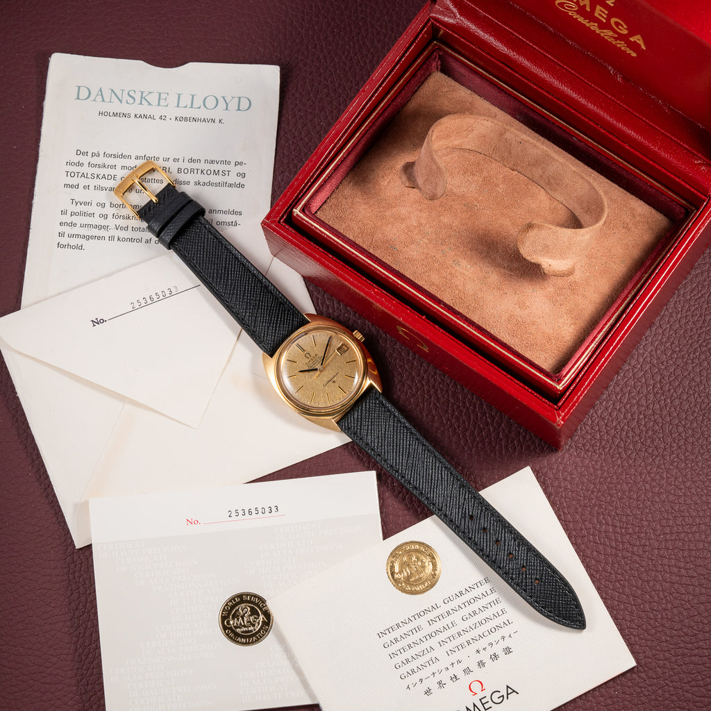 Omega Constellation C-Shape Automatic 18K Yellow Gold “OM Linen Dial” Box & Paperwork Ref. 168.017 from 1967