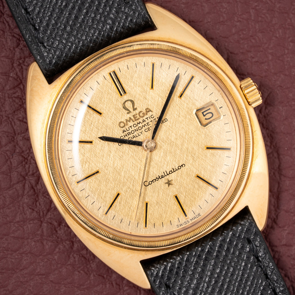 Omega Constellation C-Shape Automatic 18K Yellow Gold “OM Linen Dial” Box & Paperwork Ref. 168.017 from 1967